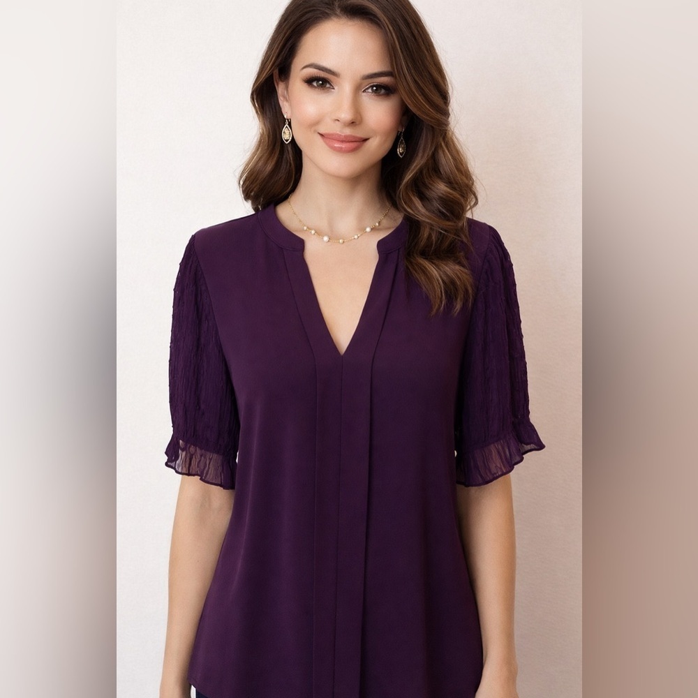 Flower & Feather Plum Purple Blouse Plus Size Short Sleeves Casual Size 3X